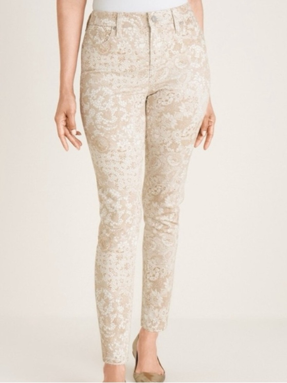 Chico's Beige and White Floral Cropped Girlfriend Jeans